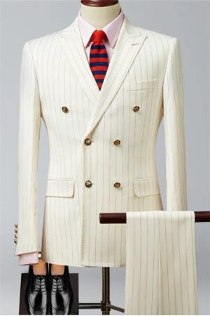 Premium Beige Color Men's Suit 2 Piece Striped Tuxedo Business  Formal Prom