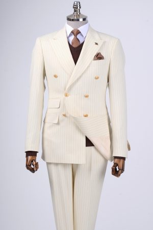 LWTIOUS Beige Double Breasted Suit 2 Pieces Striped Tuxedo Prom Jacket Pant