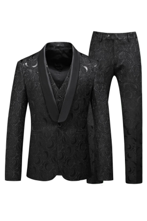 LWTIOUS Black Men's Rose Embroidery 3-Piece Shawl Lapel Wedding Prom Suit Tuxedo