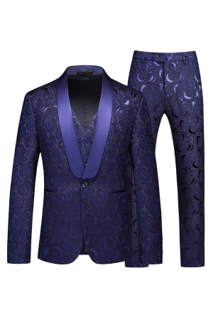 LWTIOUS Navy Blue Men's Rose Embroidery 3-Piece Shawl Lapel Wedding Prom Suit Tuxedo